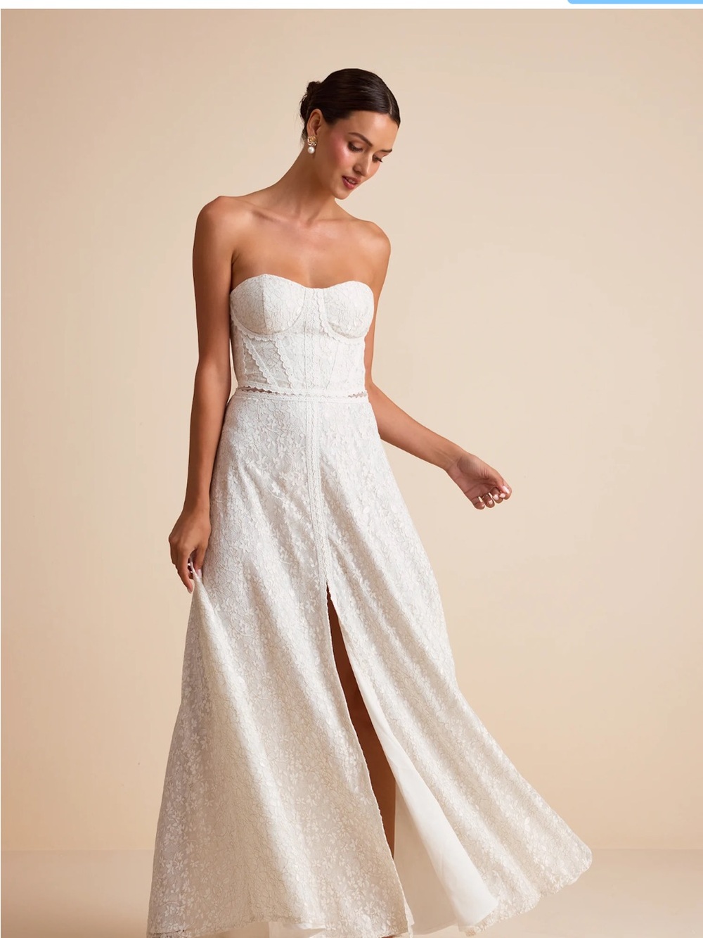 Lulu's Eldoria White Lace Strapless Bustier Maxi Dress